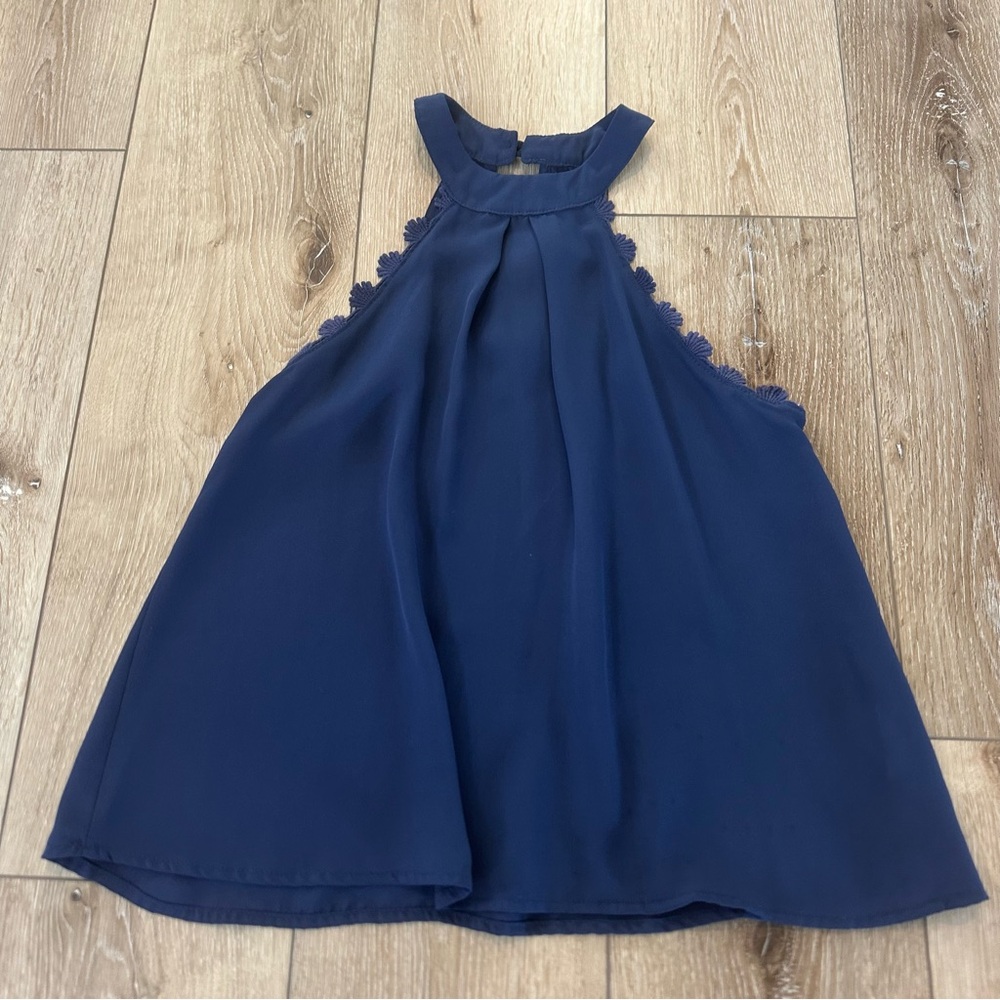 Peach Royal Navy Blue Sleeveless Halter Tank Top with Scallop Detail XS